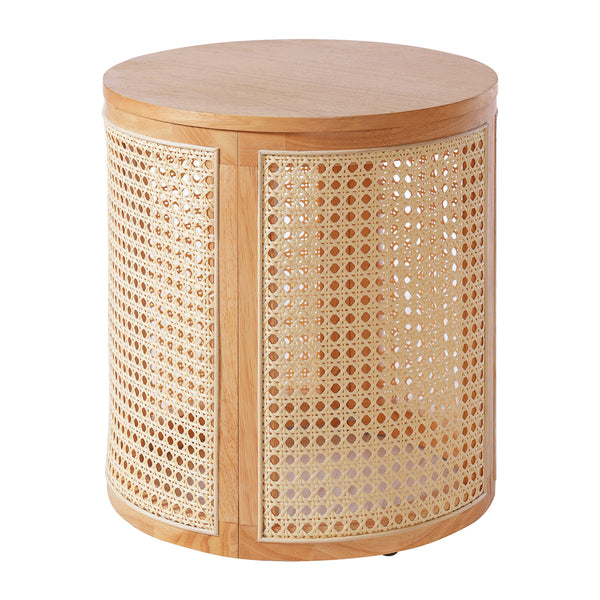 Cane Panel Round Wood Side Table