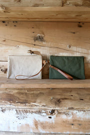 Canvas Leather Wristlet Clutch Pouch
