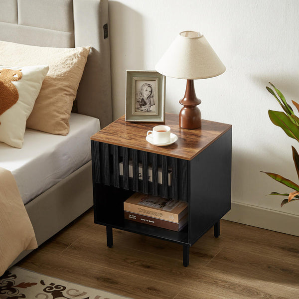 Close-up of slatted wood construction and grain detail — Grille-Door Mid-Century Nightstand Set