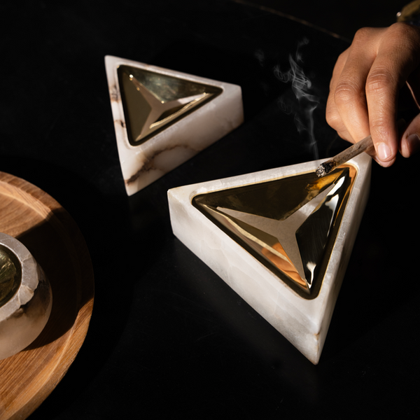Triangular Alabaster and Brass Ashtray