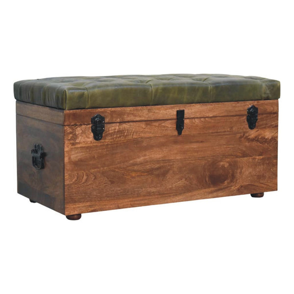 Mango Wood Leather-Top Storage Trunk Bench