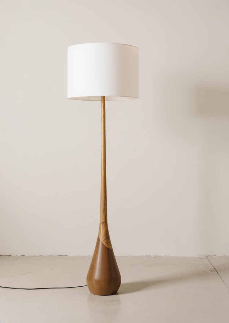 Two-tone wood floor lamp with a white drum shade and teardrop-shaped base in a neutral studio