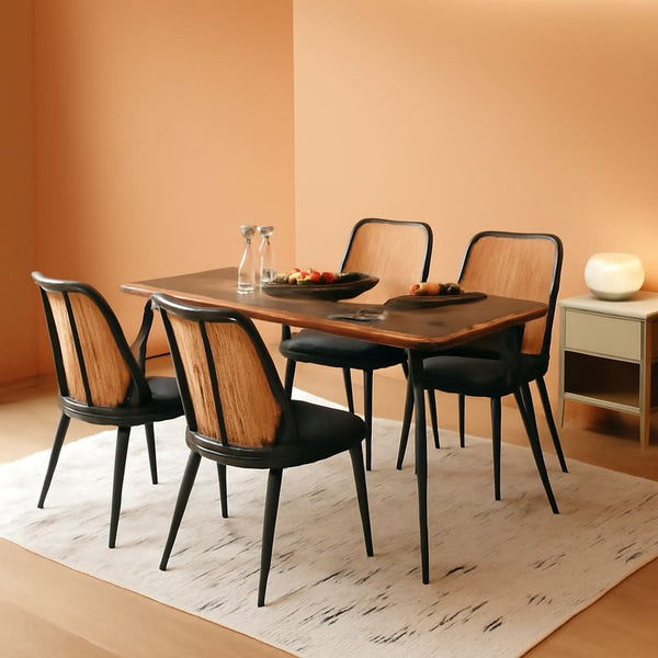 Walnut Finish Rattan-Back Dining Table Set
