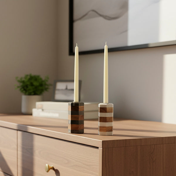 Striped Marble Acacia Taper Candleholder