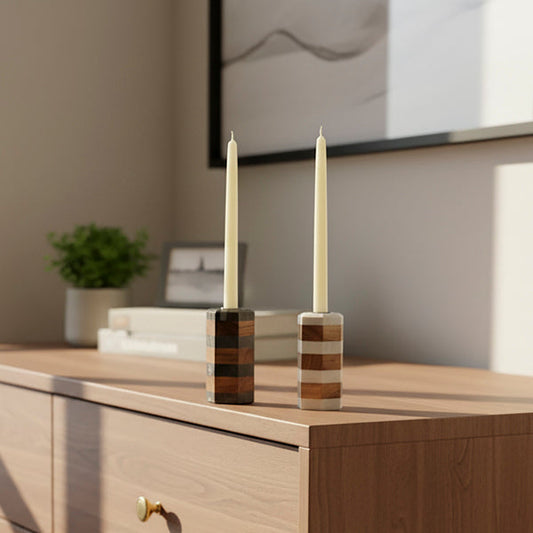Striped Marble Acacia Taper Candleholder
