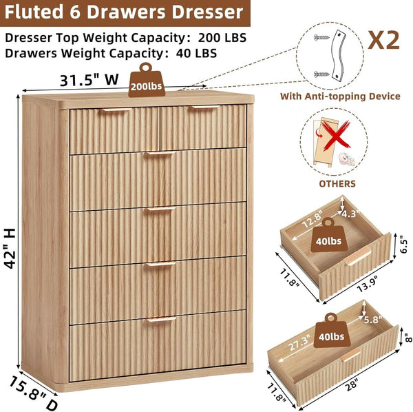 Fluted Wood-Grain Six-Drawer Dresser – chest (view 2) | Roost & Roam