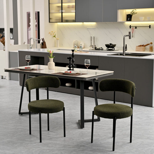 Boucle Crescent-Back Dining Chairs Set styled in an outdoor dining setting