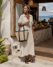 Leather Trim Cane Weave Carryall Bag