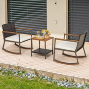 Three Piece Rocking Bistro Set With Cushions And Coffee Table For Outdoor Rattan Patio Off White