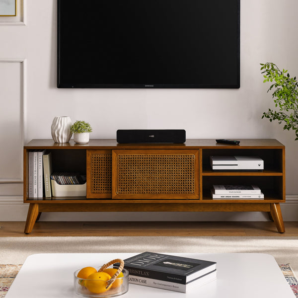 Rattan-Door Mid-Century Media Console — 59-inch media console with sliding rattan doors and open shelving