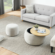 Upholstered Round Storage Ottoman Table — Paneled fabric ottoman with hidden storage and removable wood-grain top