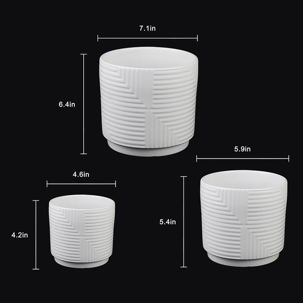 Geometric Relief Stoneware Planter Set — scale reference and proportion detail