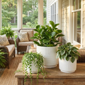 Geometric Relief Stoneware Planter Set — Three graduated matte stoneware planters with geometric relief patterning for