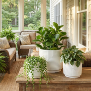 Geometric Relief Stoneware Planter Set — Three graduated matte stoneware planters with geometric relief patterning for