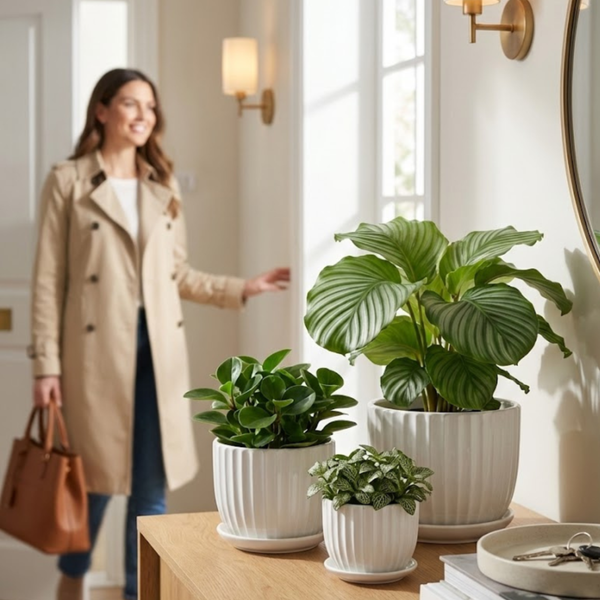 Fluted White Ceramic Planter Set