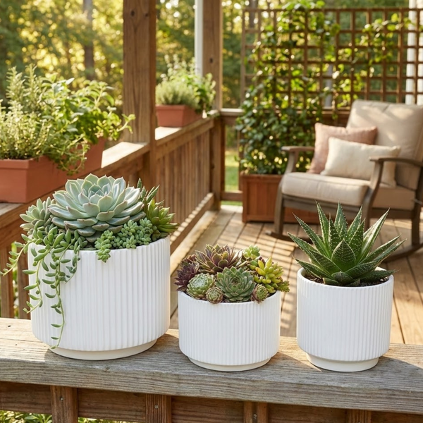 Ribbed Stoneware Planter Set