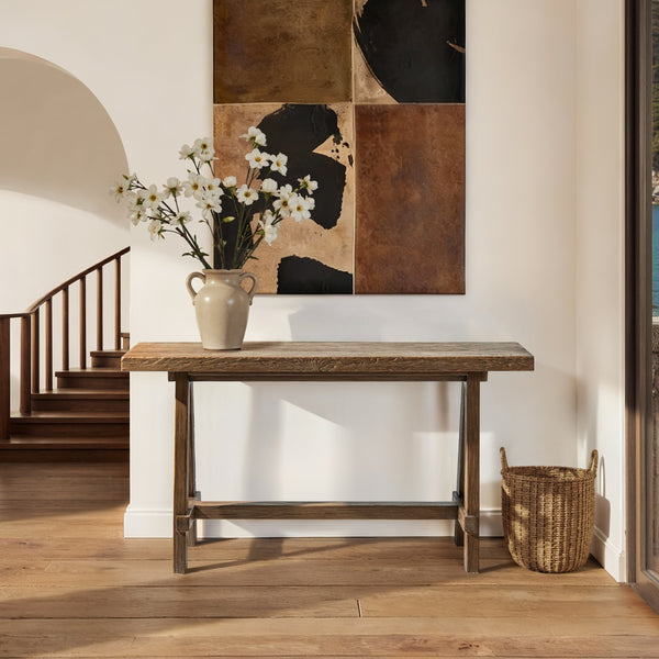 Reclaimed Elm Trestle Console Table styled with ceramics and a linen runner