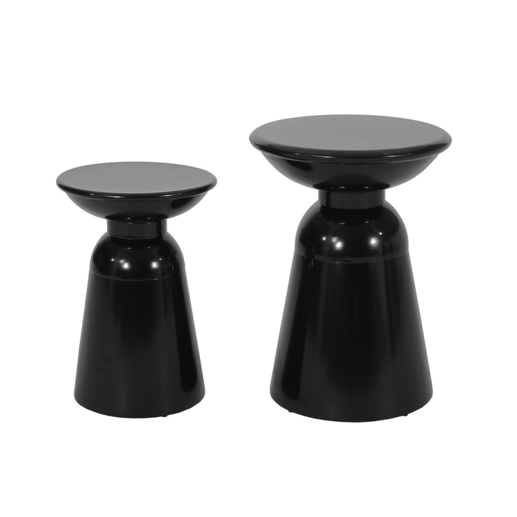Powder-Coated Iron Pedestal Side Table Set styled with ceramics and a linen runner