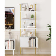 White Oak & Gold Ladder Bookshelf with Cabinet, 5-Tier