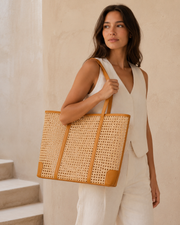 Leather and Rattan Cane Tote Bag