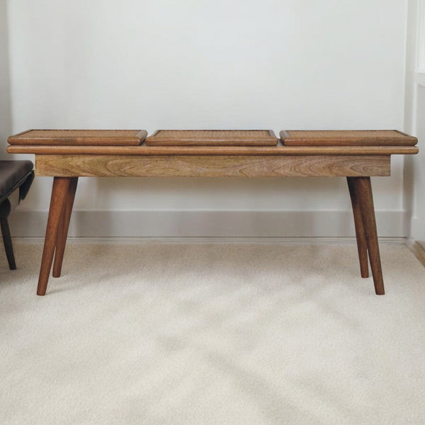 Tri-Panel Cane Top Wood Bench