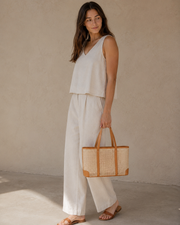 Leather and Rattan Cane Tote Bag