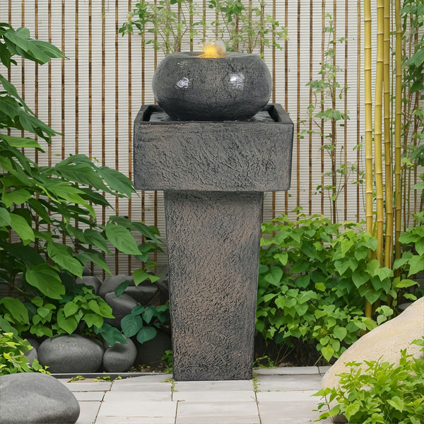 Cement-Finish Column Outdoor Fountain