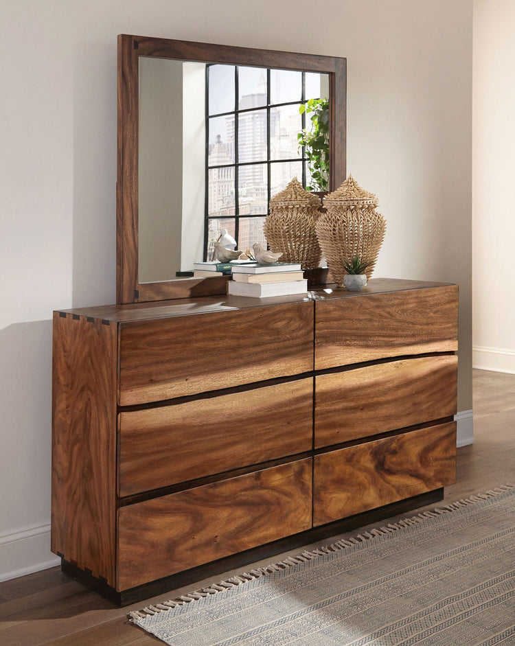 Smokey Walnut Six-Drawer Dresser with Mirror