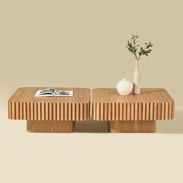 Reeded Wood-Grain Drum Coffee Table Set