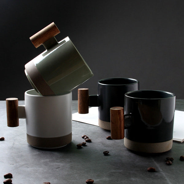 Close-up of hand-thrown stoneware glaze and texture detail — Wood-Handle Glazed Ceramic Mug