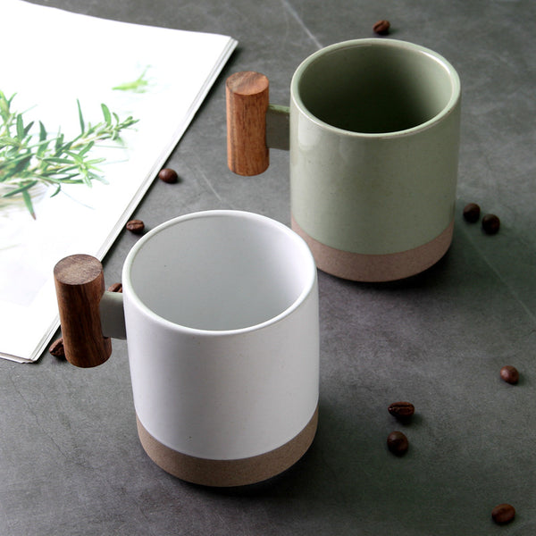 Wood-Handle Glazed Ceramic Mug — scale reference and proportion detail