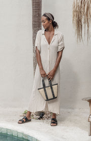 Leather Trim Cane Weave Carryall Bag