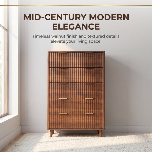 Walnut Fluted 5-Drawer Tall Dresser