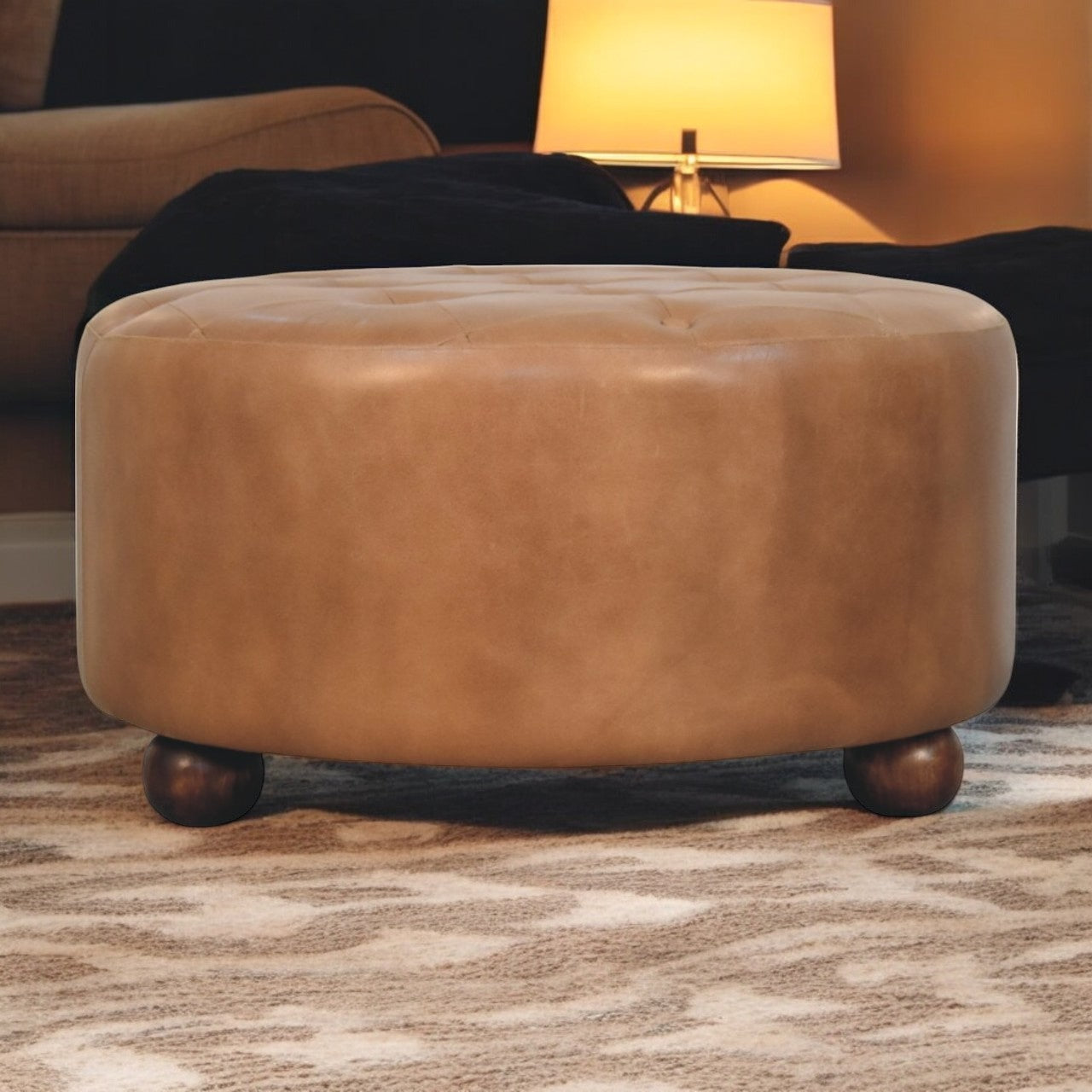 Tufted Buffalo Hide Round Ottoman