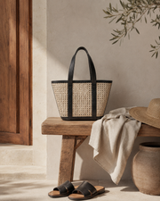 Leather Trim Cane Weave Carryall Bag