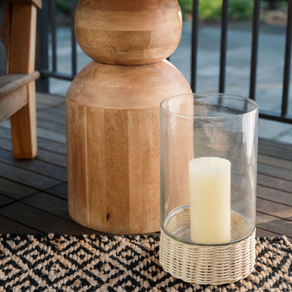 Clear Glass & Woven Rattan Hurricane Candleholder