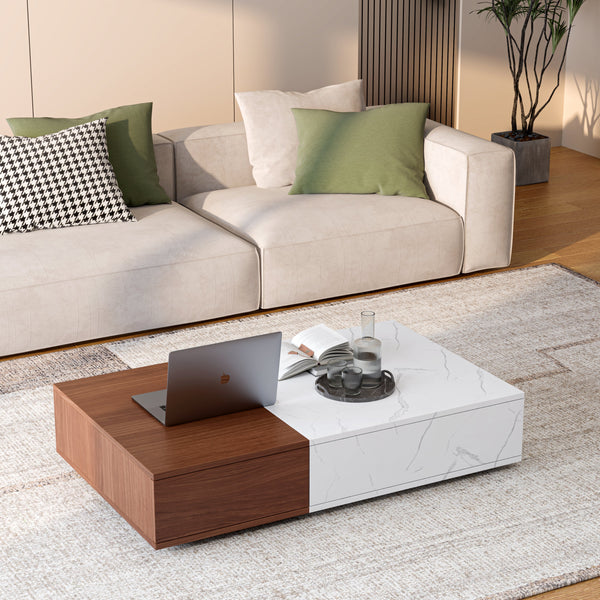 Marble-Finish Two-Tone Storage Coffee Table — scale reference and proportion detail