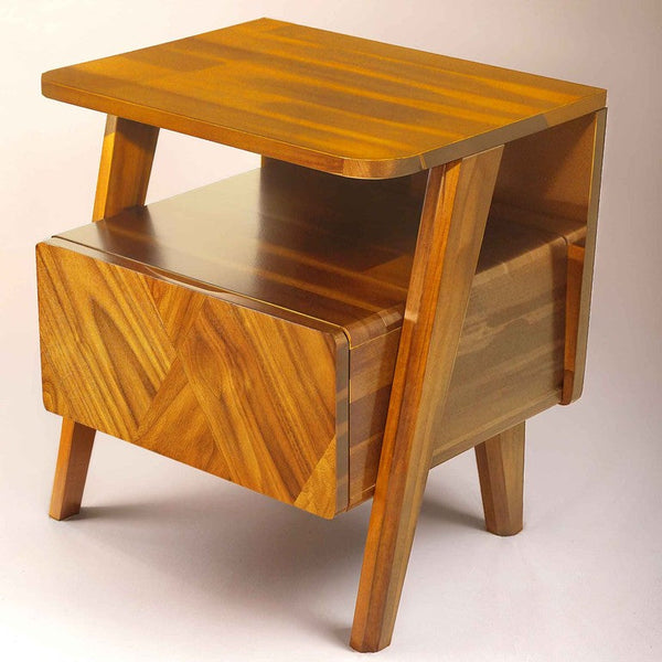 Chevron-Front Solid Acacia Nightstand styled beside a bed with a lamp and book
