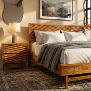Relief-Carved Wood Platform Bed Frame — detail of finish and surface variation
