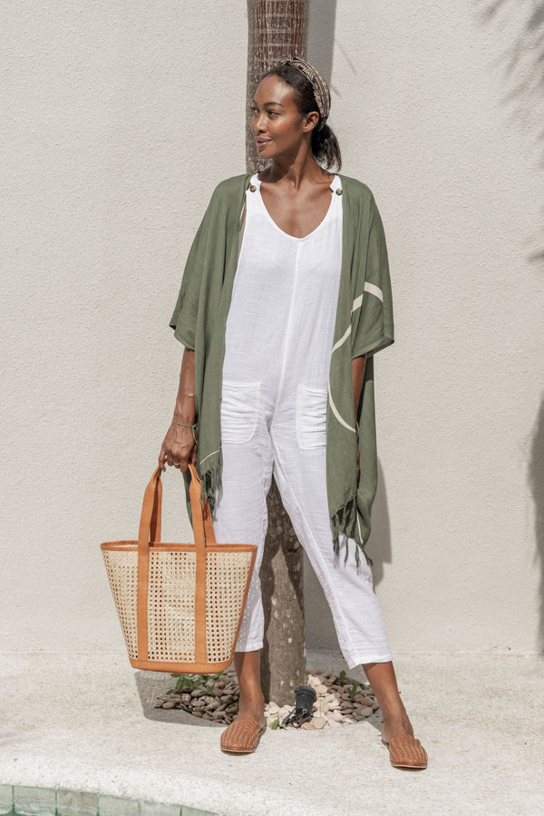 Leather Trim Cane Weave Carryall Bag