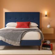 Navy Linen-Look Upholstered Platform Bed Frame
