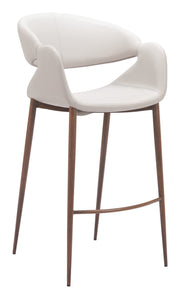 Beige Faux Leather Curved Barstool, Walnut Legs