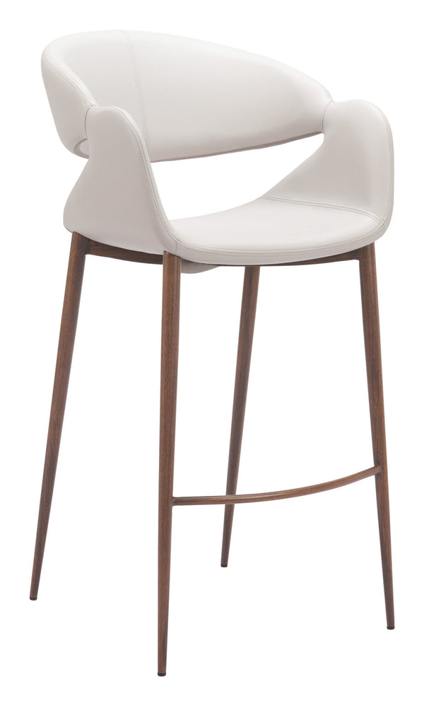 Beige Faux Leather Curved Barstool, Walnut Legs