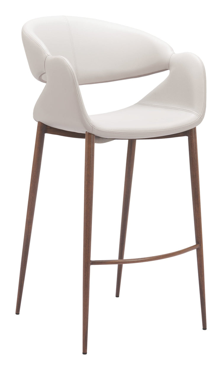 Beige Faux Leather Curved Barstool, Walnut Legs