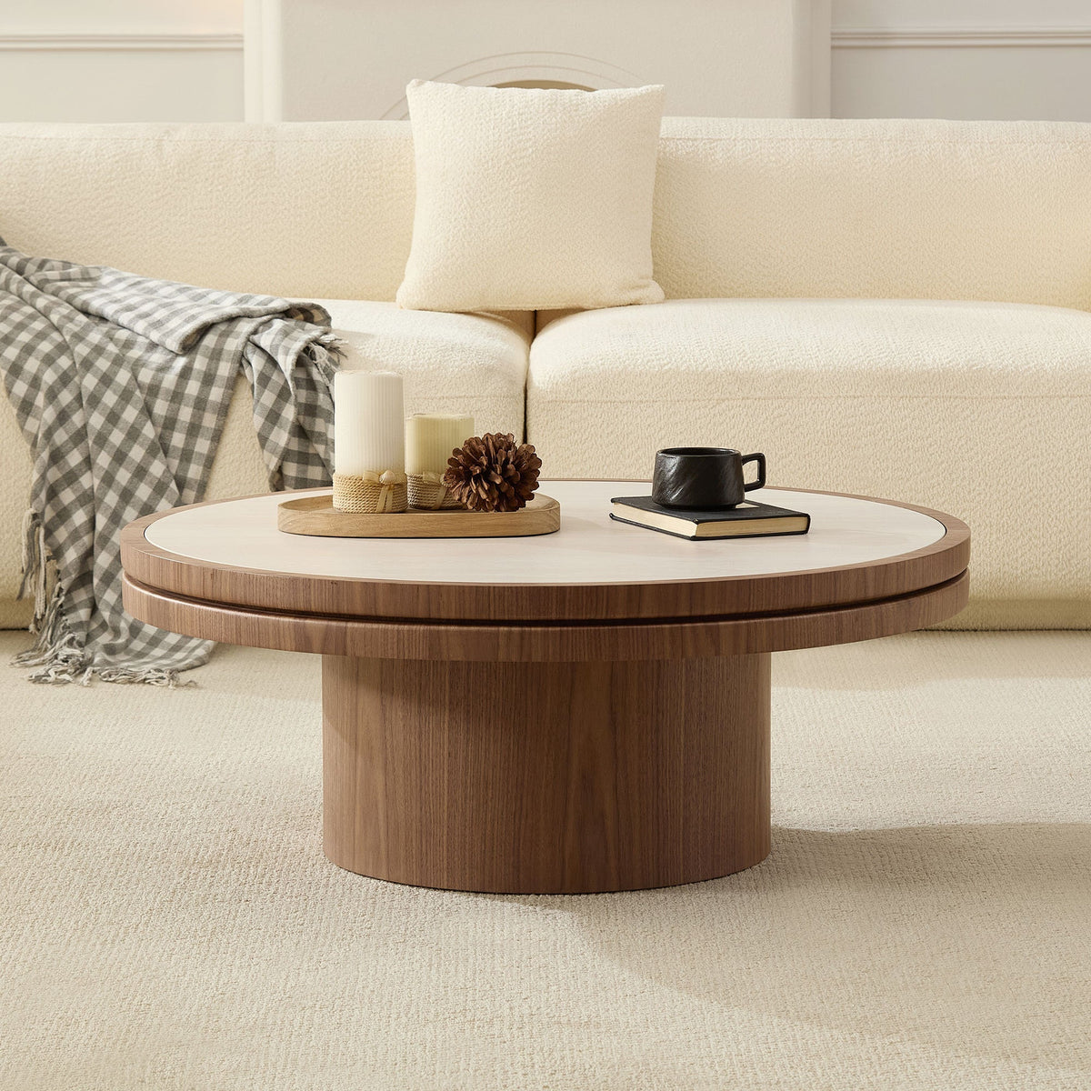 Sintered Stone Round Pedestal Coffee Table — Round stone-top coffee table with warm wood-grain pedestal base
