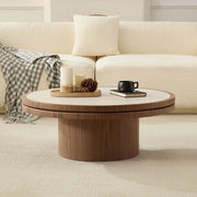 Sintered Stone Round Pedestal Coffee Table — Round stone-top coffee table with warm wood-grain pedestal base