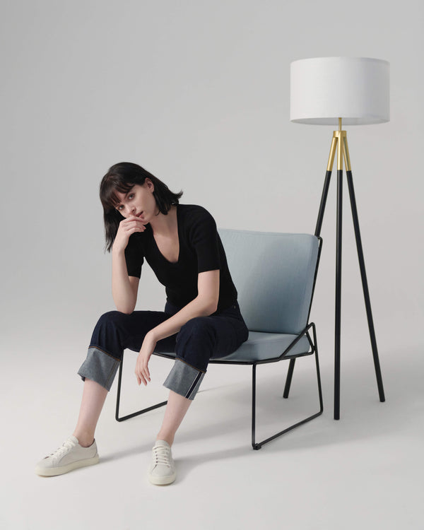 Matte Black Tripod Floor Lamp with Linen Drum Shade