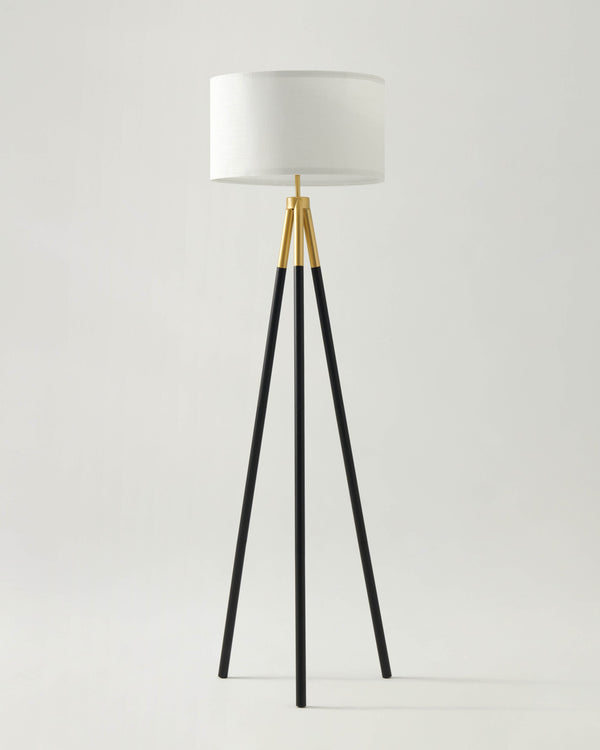 Matte Black Tripod Floor Lamp with Linen Drum Shade