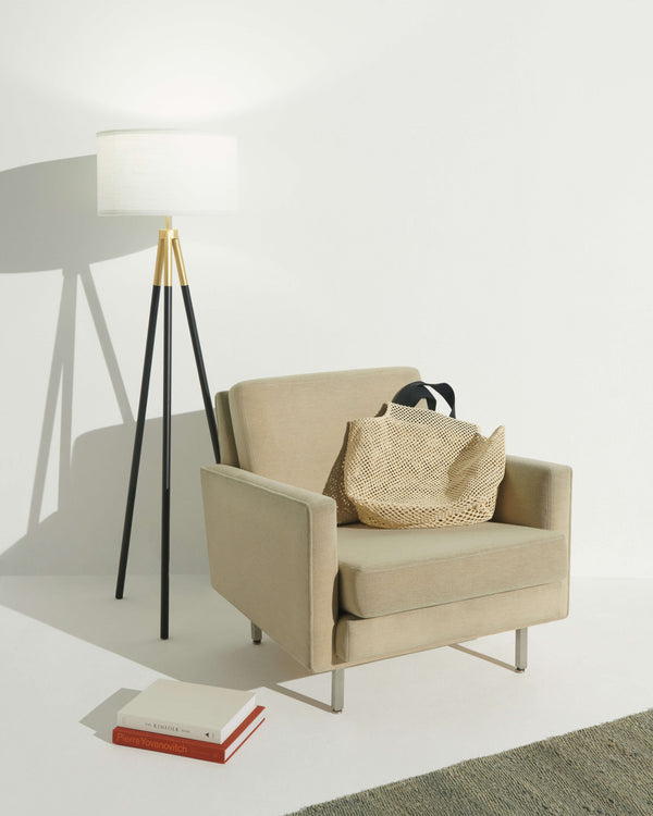 Matte Black Tripod Floor Lamp with Linen Drum Shade