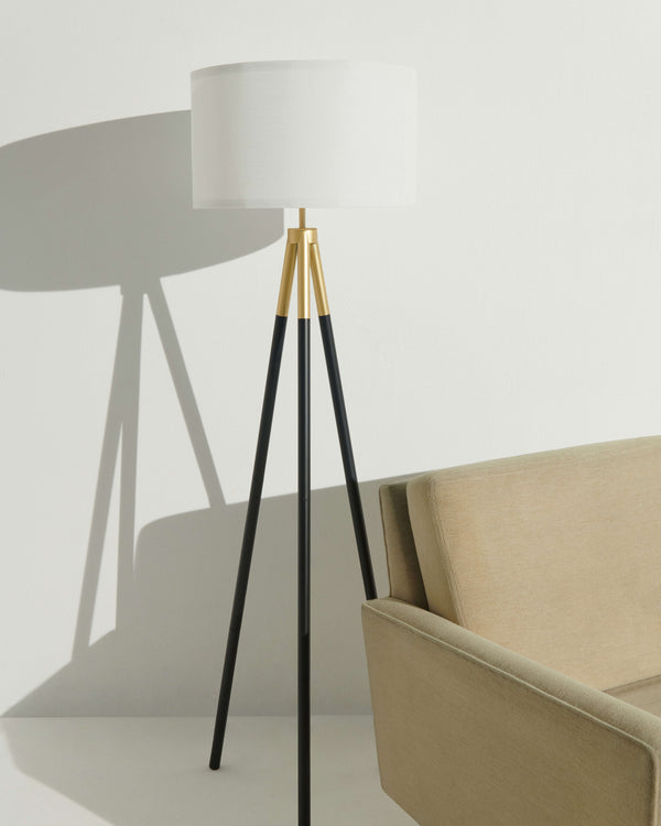 Matte Black Tripod Floor Lamp with Linen Drum Shade